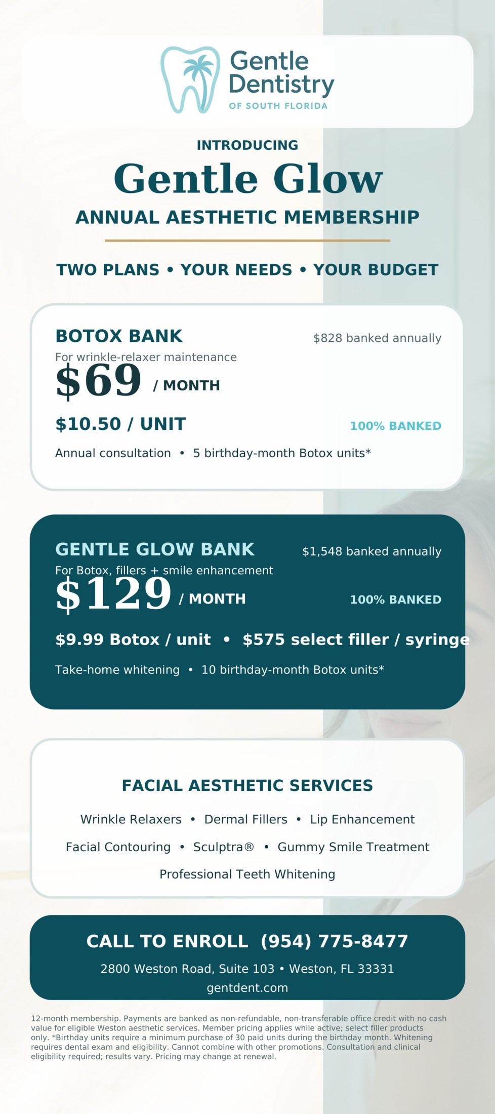 Promotional flyer for Gentle Glow Annual Aesthetic Membership detailing plan tiers, pricing, list of facial aesthetic services, and contact information for Gentle Dentistry of South Florida
